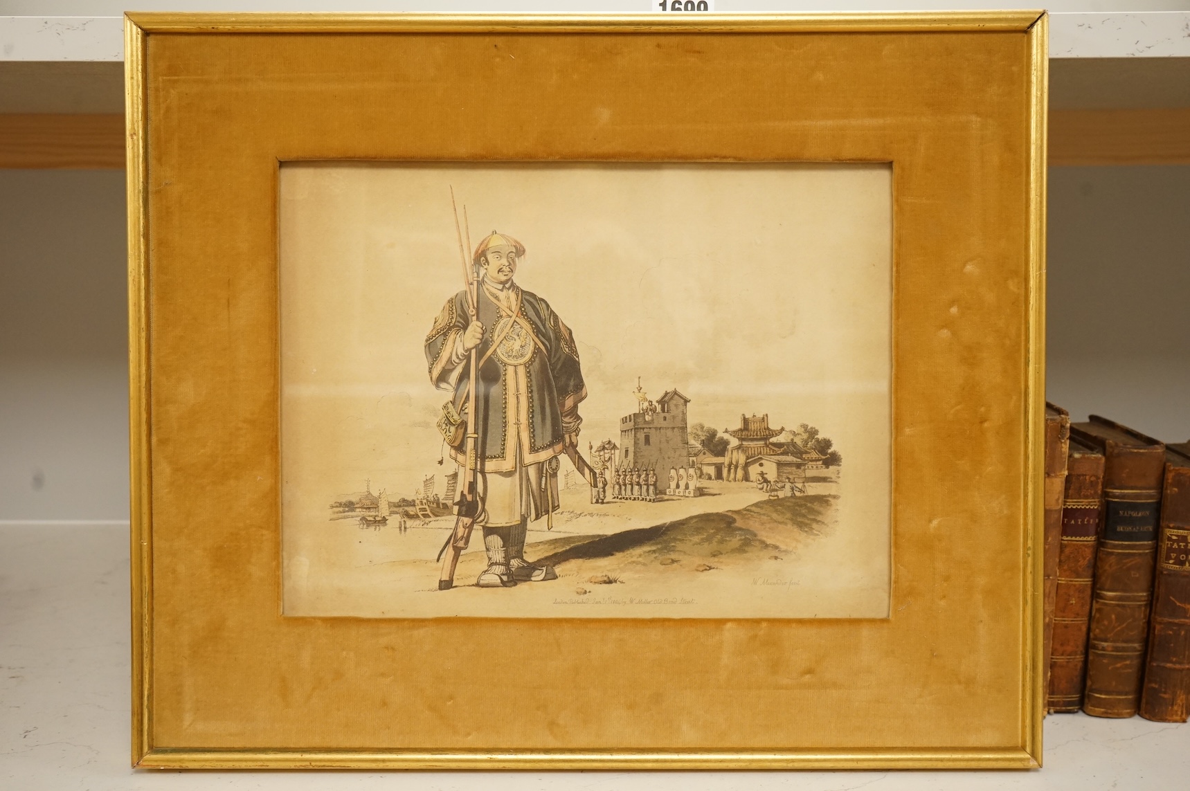 After William Alexander (1767-1816), 'A soldier of Chu-San armed with a matchlock gun', published London January 1st 1804 by W Miller, together with two Chinese School watercolours, Studies of birds, each signed with red